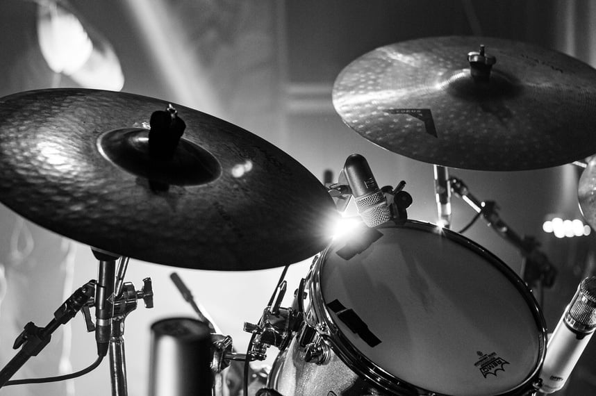 Grayscale Photo of Drum Set